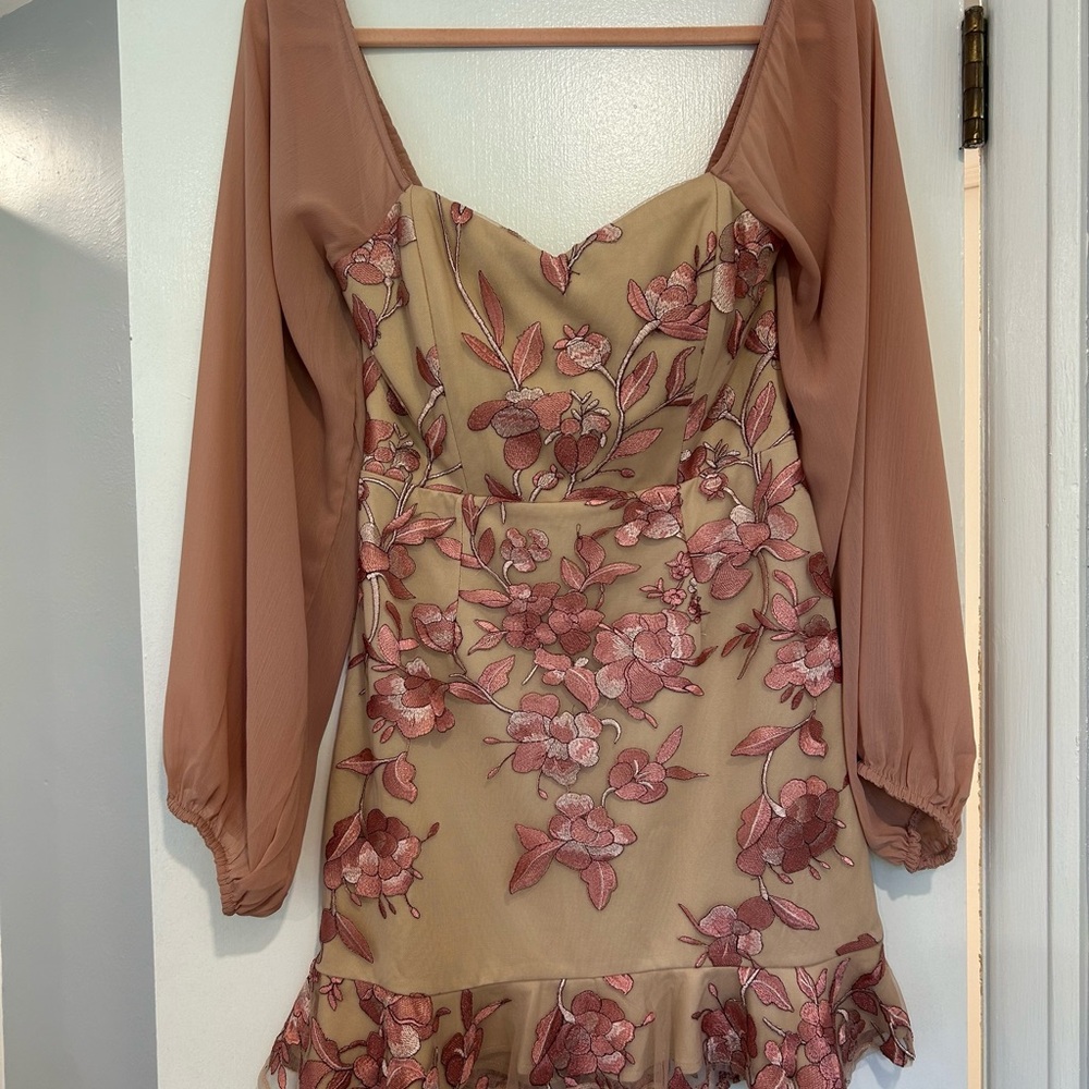 Floral Embroidered Semi-Formal Mini Dress with Sheer Sleeves